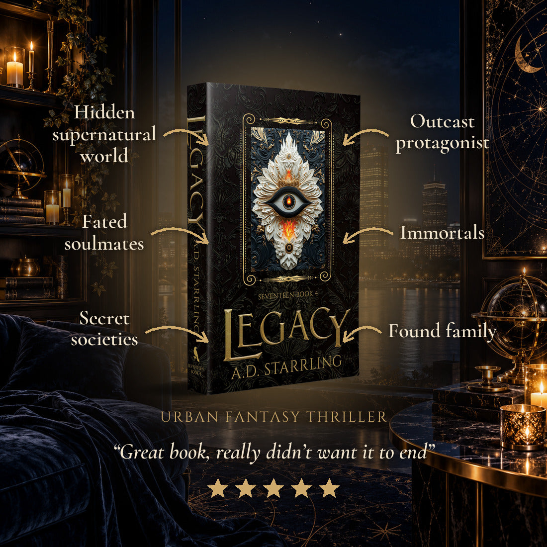 Legacy Special Edition Paperback tropes: Hidden supernatural world, Fated soulmates, Secret societies, Outcast protagonist, Immortals, Found family. Five-star reader review.