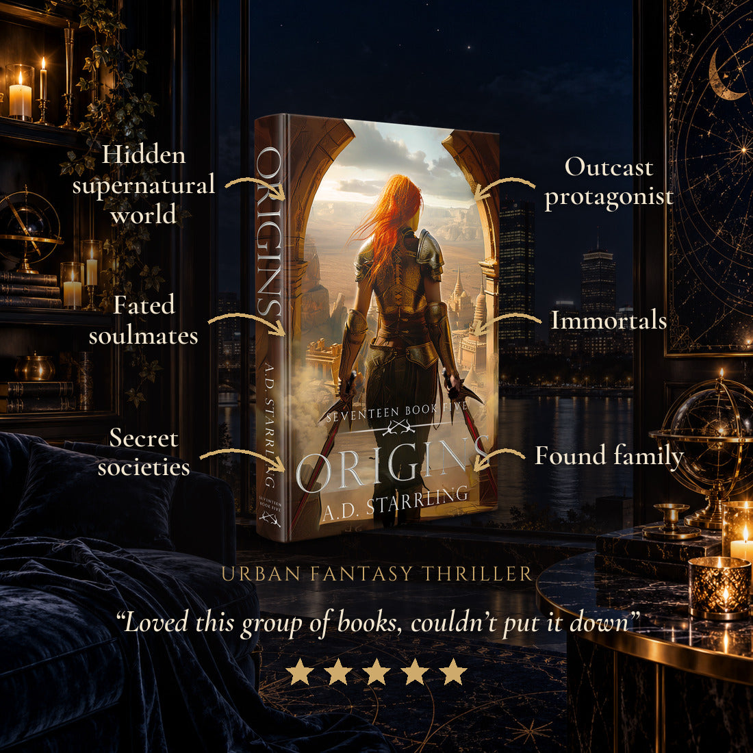 Origins Hardback tropes: Hidden supernatural world, Fated soulmates, Secret societies, Outcast protagonist, Immortals, Found family. Five-star reader review.