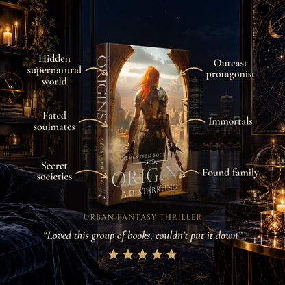 Origins Hardback tropes: Hidden supernatural world, Fated soulmates, Secret societies, Outcast protagonist, Immortals, Found family. Five-star reader review.