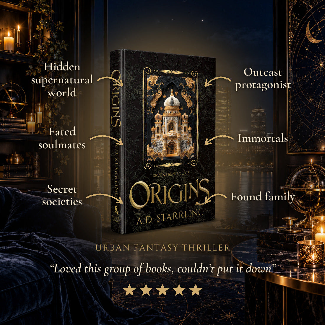 Origins Special Edition Hardback tropes: Hidden supernatural world, Fated soulmates, Secret societies, Outcast protagonist, Immortals, Found family. Five-star reader review.