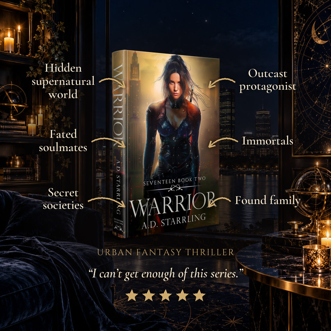 Warrior Hardback tropes: Hidden supernatural world, Fated soulmates, Secret societies, Outcast protagonist, Immortals, Found family. Five-star reader review.