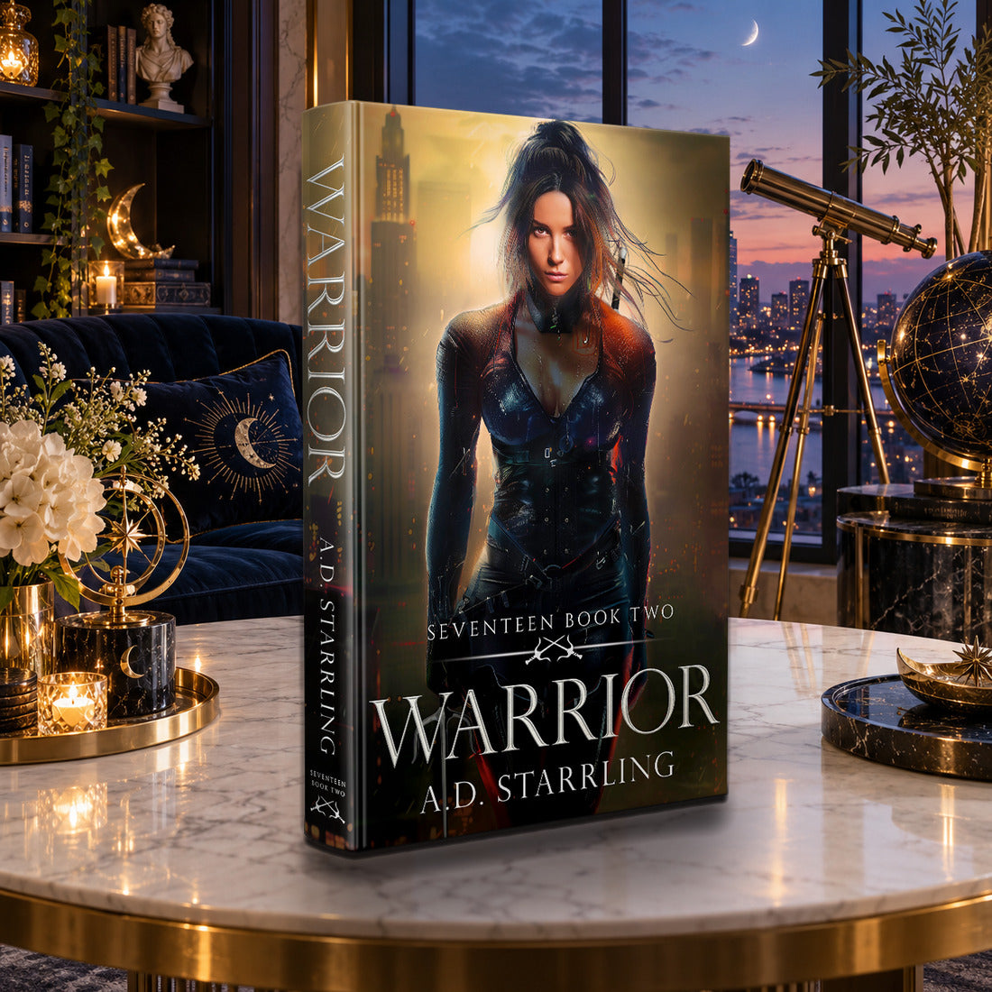 Warrior (Seventeen Book 2) Hardback by A.D. Starrling on a marble table with a telescope and the Boston skyline at dusk