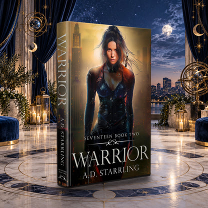 Warrior (Seventeen Book 2) Hardback by A.D. Starrling in a moonlit penthouse above the Boston skyline