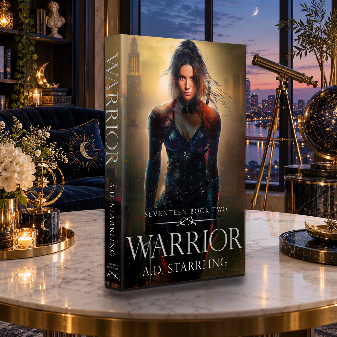Warrior (Seventeen Book 2) Paperback by A.D. Starrling on a marble table with a telescope and the Boston skyline at dusk