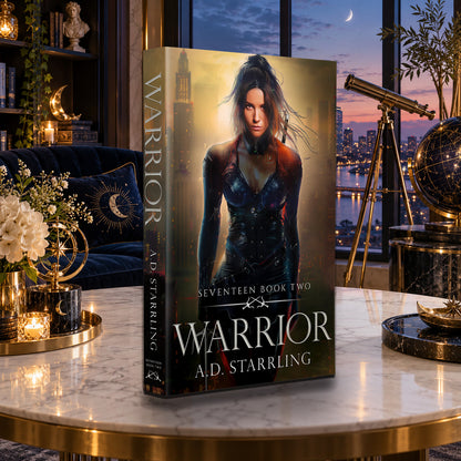 Warrior (Seventeen Book 2) Paperback by A.D. Starrling on a marble table with a telescope and the Boston skyline at dusk
