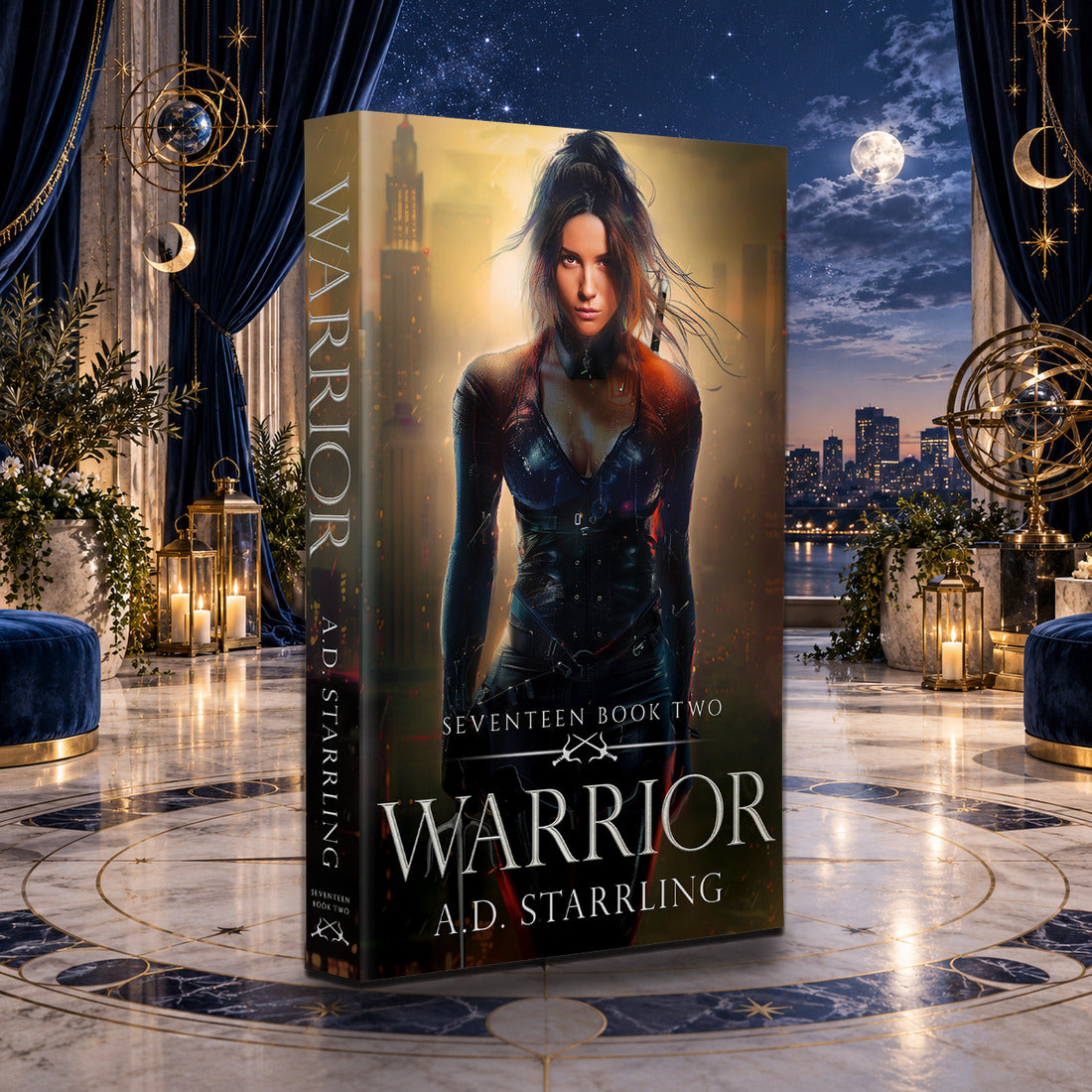 Warrior (Seventeen Book 2) Paperback by A.D. Starrling in a moonlit penthouse above the Boston skyline