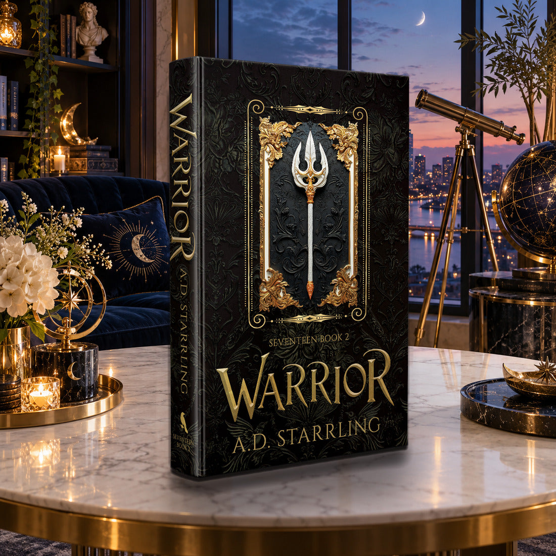 Warrior (Seventeen Book 2) Special Edition Hardback by A.D. Starrling on a marble table with a telescope and the Boston skyline at dusk