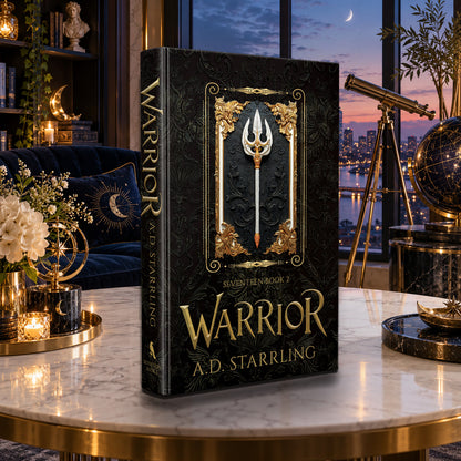 Warrior (Seventeen Book 2) Special Edition Hardback by A.D. Starrling on a marble table with a telescope and the Boston skyline at dusk