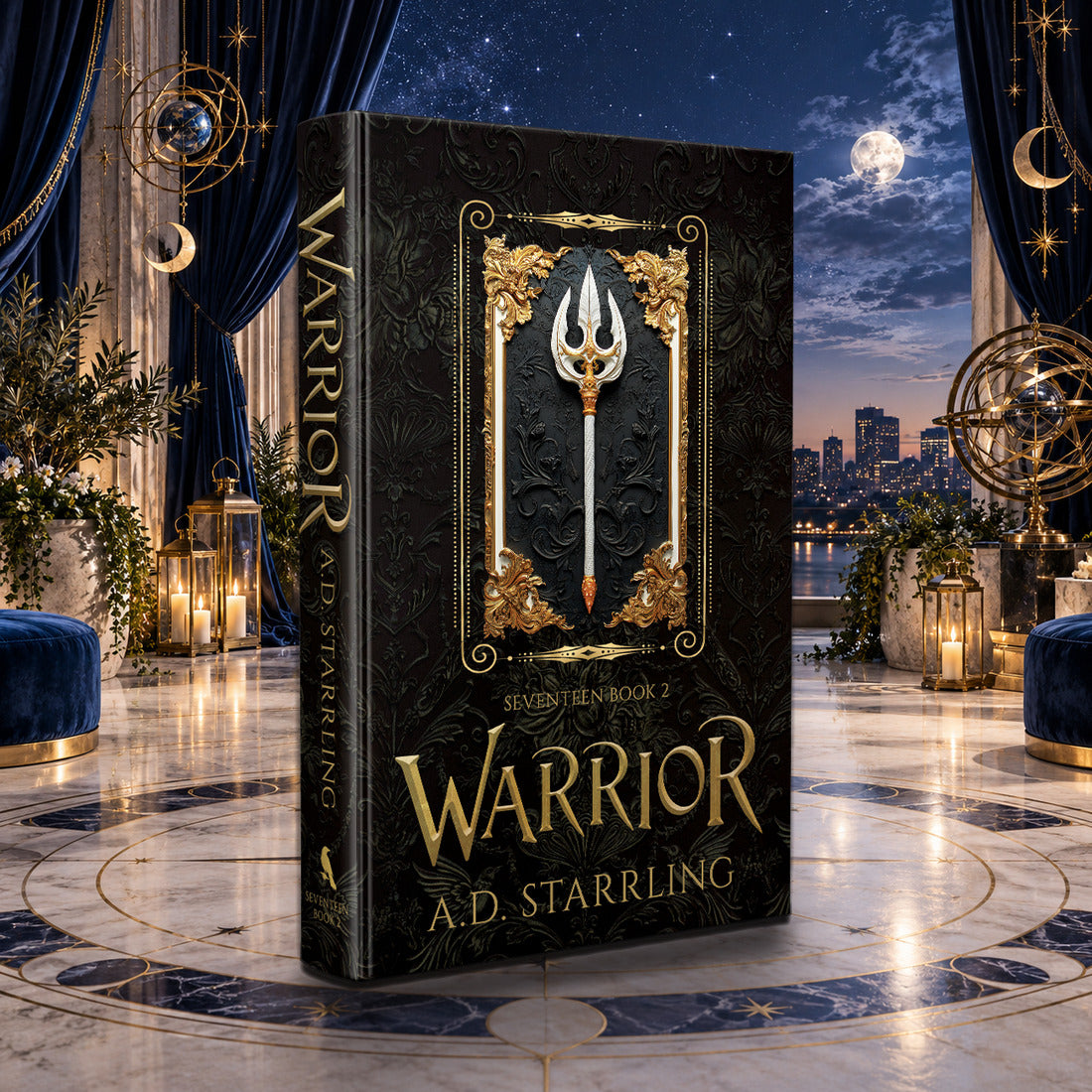 Warrior (Seventeen Book 2) Special Edition Hardback by A.D. Starrling in a moonlit penthouse above the Boston skyline