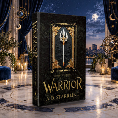 Warrior (Seventeen Book 2) Special Edition Hardback by A.D. Starrling in a moonlit penthouse above the Boston skyline