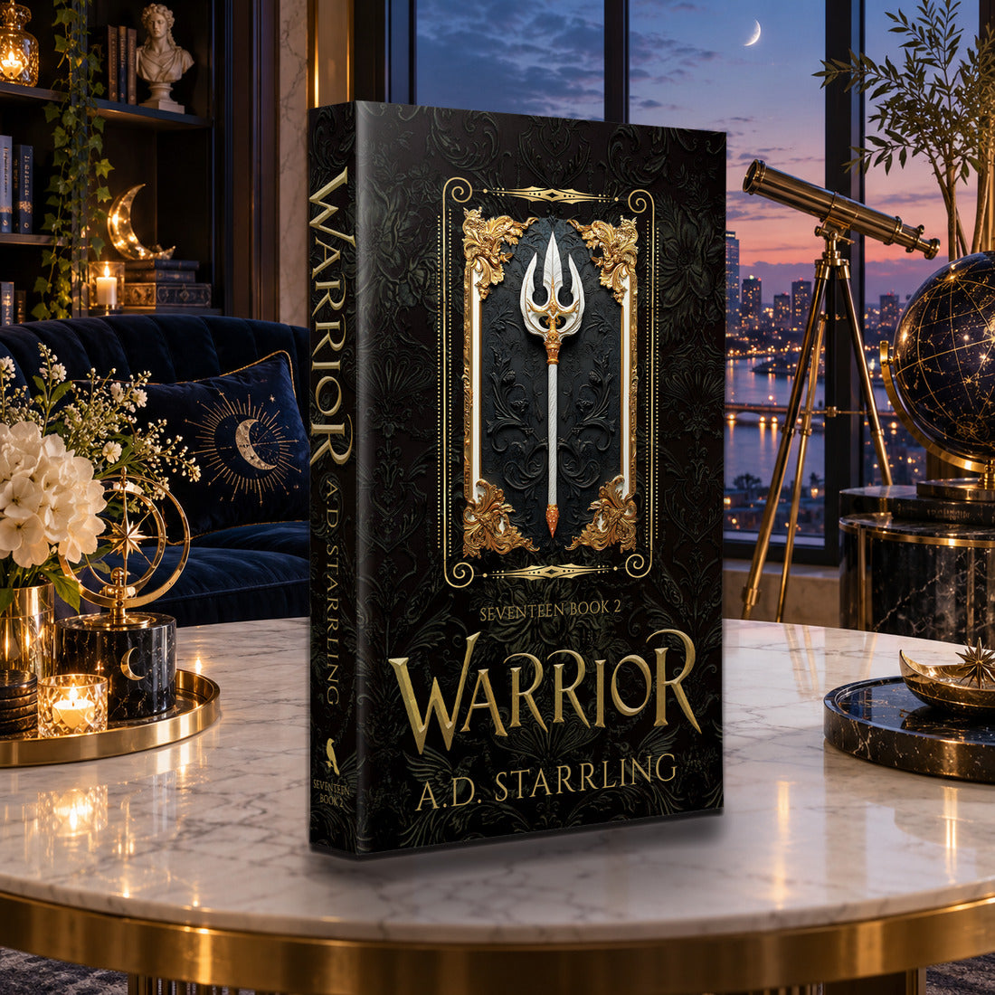 Warrior (Seventeen Book 2) Special Edition Paperback by A.D. Starrling on a marble table with a telescope and the Boston skyline at dusk
