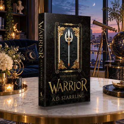Warrior (Seventeen Book 2) Special Edition Paperback by A.D. Starrling on a marble table with a telescope and the Boston skyline at dusk