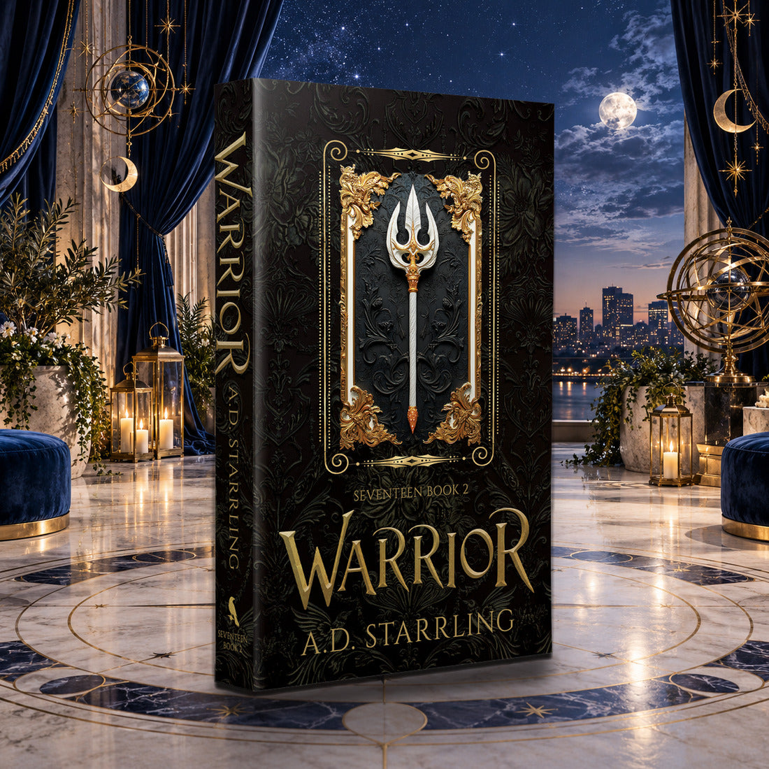Warrior (Seventeen Book 2) Special Edition Paperback by A.D. Starrling in a moonlit penthouse above the Boston skyline