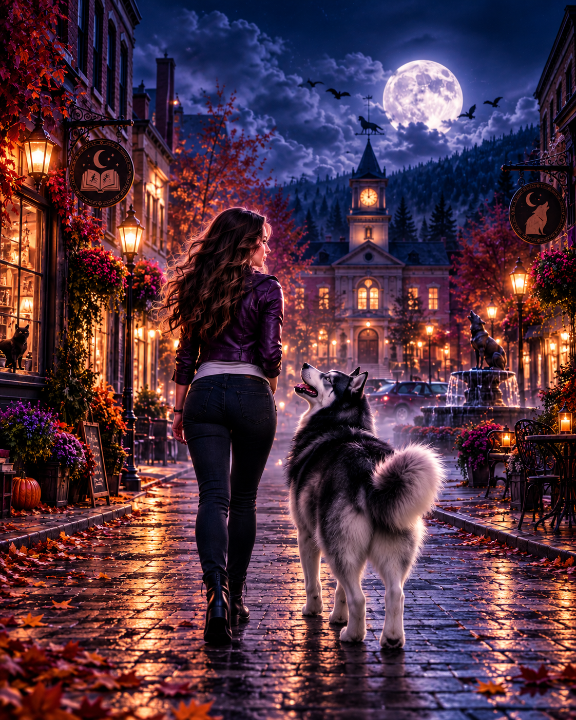 A woman walks a husky down a lantern-lit autumn street under a full moon, Diary of a Reluctant Werewolf series by A.D. Starrling