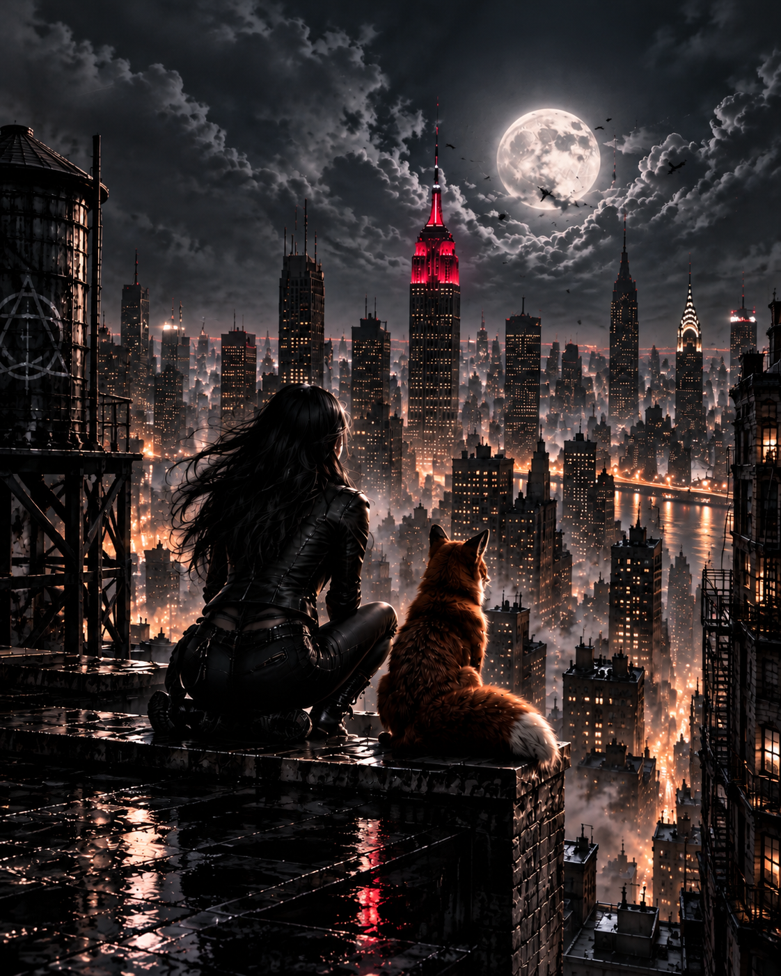 A witch and her fox companion look out over a moonlit New York skyline, Witch Queen series by A.D. Starrling