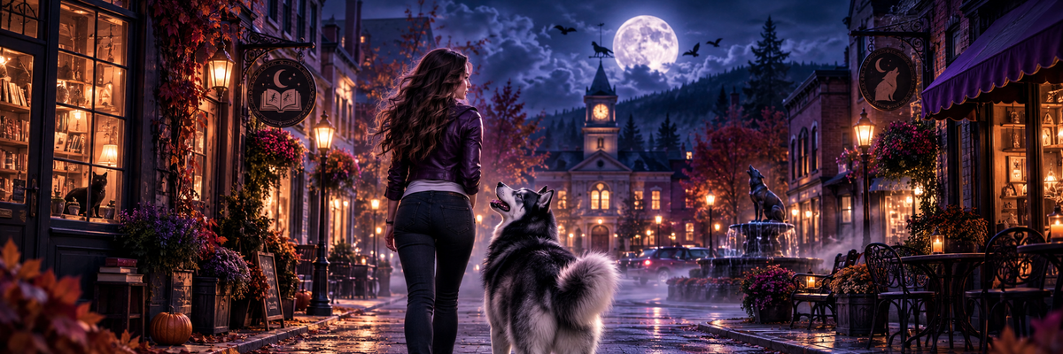 Diary of a Reluctant Werewolf atmospheric small-town paranormal banner with a woman and husky seen from behind