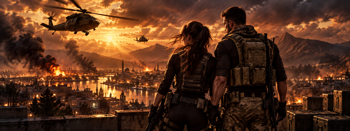 Division Eight military romantic suspense cinematic banner with two operatives overlooking a city at dusk