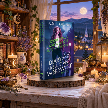 Hocus-Pocus and a Whole Load of Bogus (Diary of a Reluctant Werewolf Book 3) Hardback by A.D. Starrling on a log-slice stand by a moonlit window over a mountain town