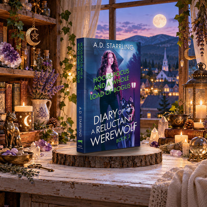 Hocus-Pocus and a Whole Load of Bogus (Diary of a Reluctant Werewolf Book 3) Paperback by A.D. Starrling on a log-slice stand by a moonlit window over a mountain town