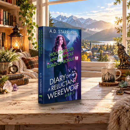 Hocus-Pocus and a Whole Load of Bogus (Diary of a Reluctant Werewolf Book 3) Paperback by A.D. Starrling on a rustic wooden table by a sunlit window overlooking the mountains