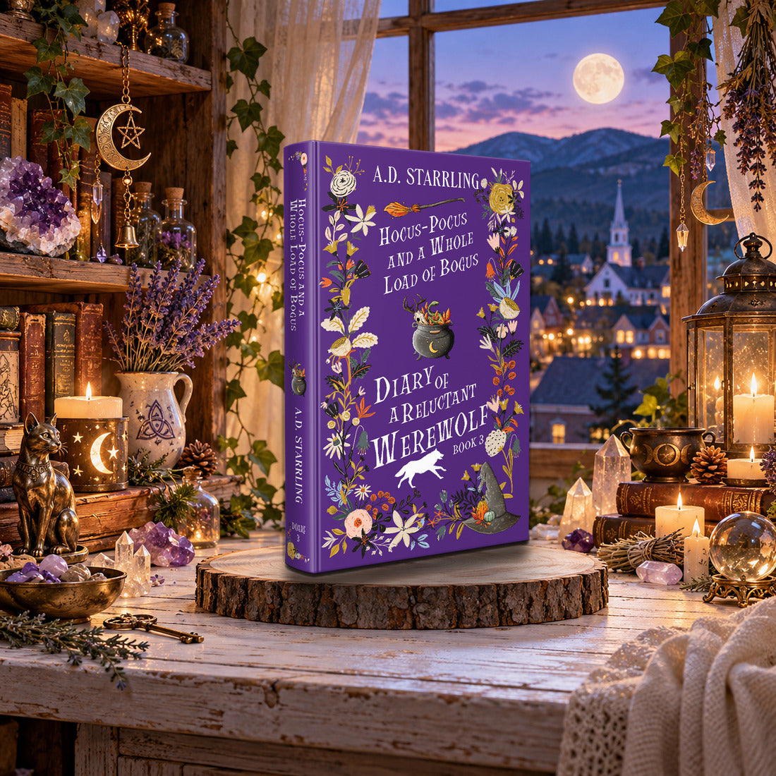 Hocus-Pocus and a Whole Load of Bogus (Diary of a Reluctant Werewolf Book 3) Special Edition Hardback by A.D. Starrling on a log-slice stand by a moonlit window over a mountain town