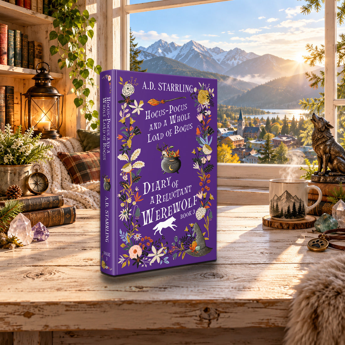 Hocus-Pocus and a Whole Load of Bogus (Diary of a Reluctant Werewolf Book 3) Special Edition Hardback by A.D. Starrling on a rustic wooden table by a sunlit window overlooking the mountains