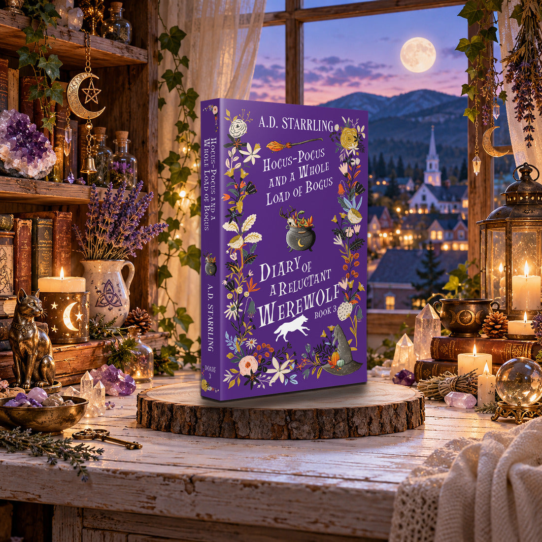 Hocus-Pocus and a Whole Load of Bogus (Diary of a Reluctant Werewolf Book 3) Special Edition Paperback by A.D. Starrling on a log-slice stand by a moonlit window over a mountain town