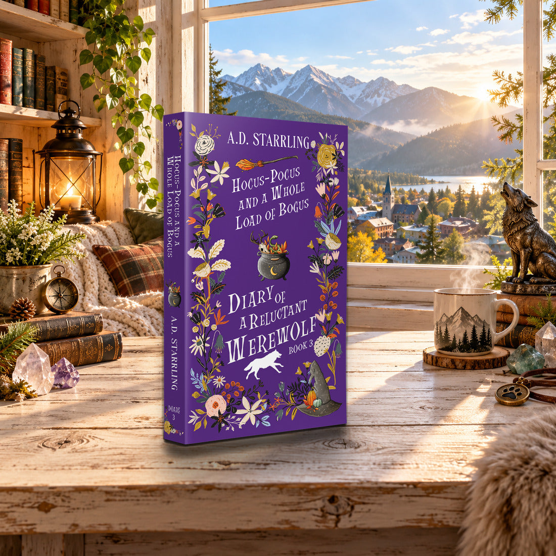 Hocus-Pocus and a Whole Load of Bogus (Diary of a Reluctant Werewolf Book 3) Special Edition Paperback by A.D. Starrling on a rustic wooden table by a sunlit window overlooking the mountains