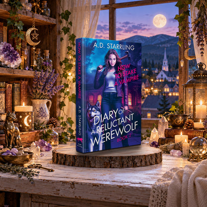 How to Stake a Vampire (Diary of a Reluctant Werewolf Book 2) Hardback by A.D. Starrling on a log-slice stand by a moonlit window over a mountain town