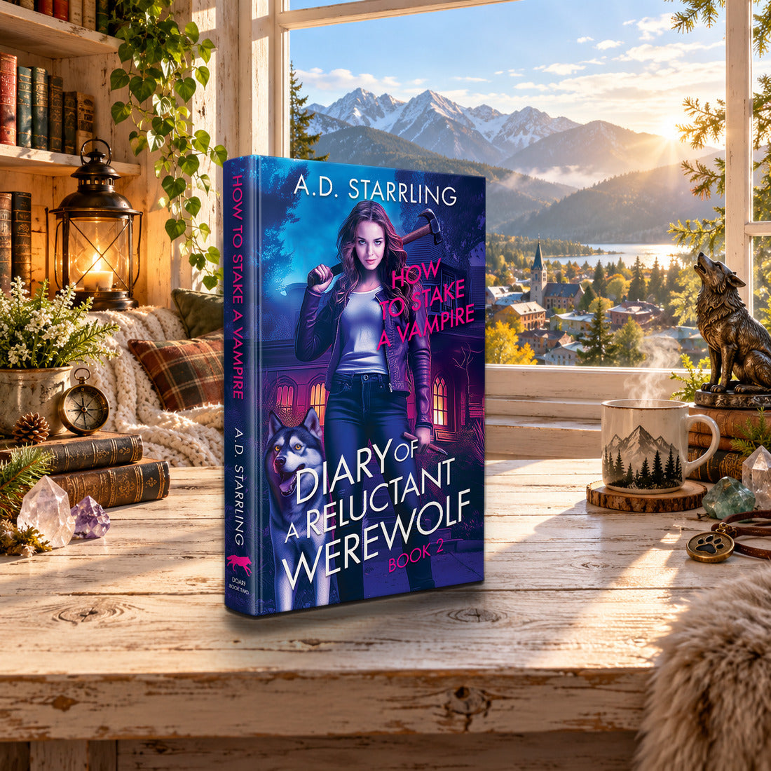 How to Stake a Vampire (Diary of a Reluctant Werewolf Book 2) Hardback by A.D. Starrling on a rustic wooden table by a sunlit window overlooking the mountains