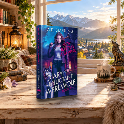 How to Stake a Vampire (Diary of a Reluctant Werewolf Book 2) Paperback by A.D. Starrling on a rustic wooden table by a sunlit window overlooking the mountains