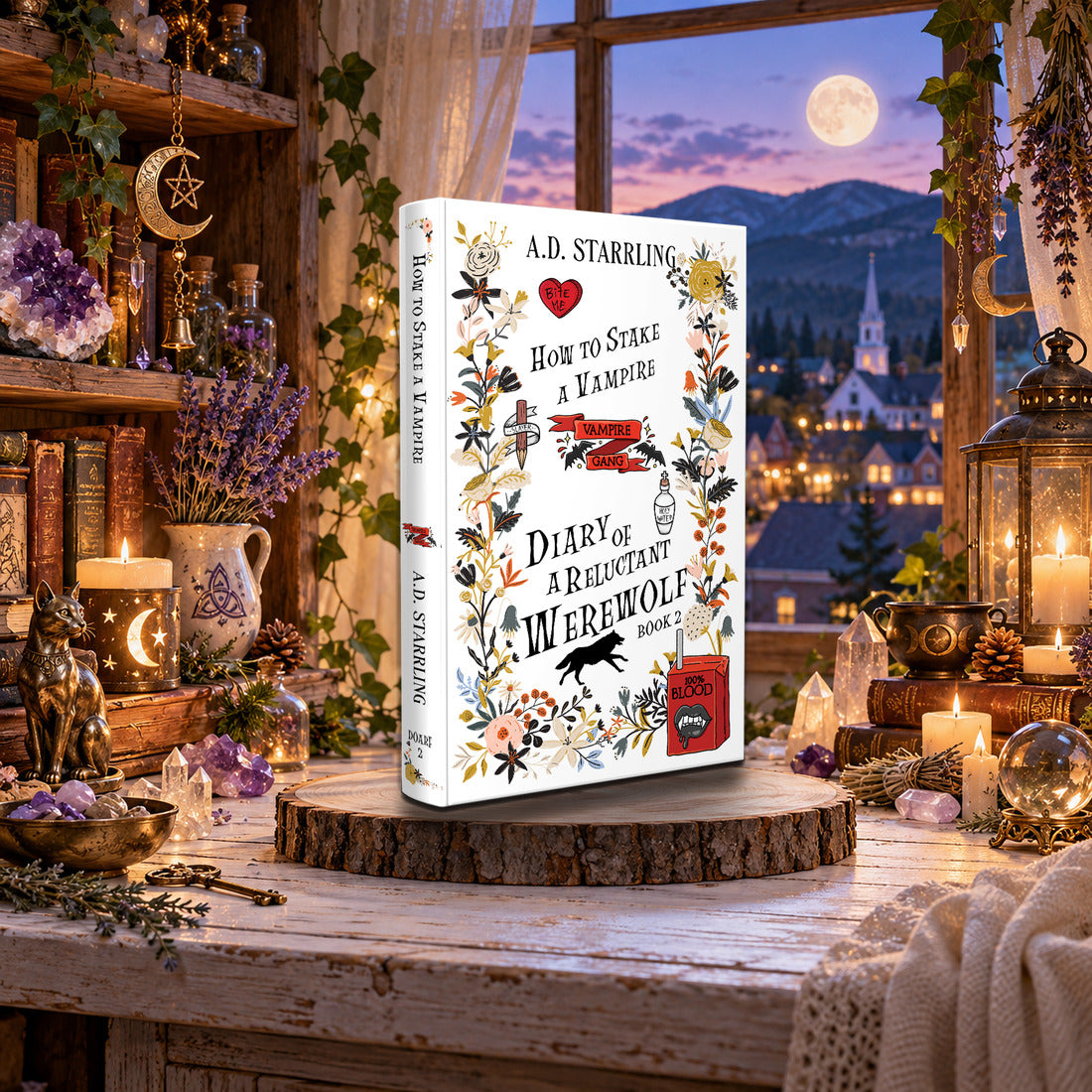 How to Stake a Vampire (Diary of a Reluctant Werewolf Book 2) Special Edition Hardback by A.D. Starrling on a log-slice stand by a moonlit window over a mountain town