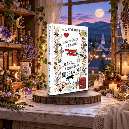How to Stake a Vampire (Diary of a Reluctant Werewolf Book 2) Special Edition Hardback by A.D. Starrling on a log-slice stand by a moonlit window over a mountain town