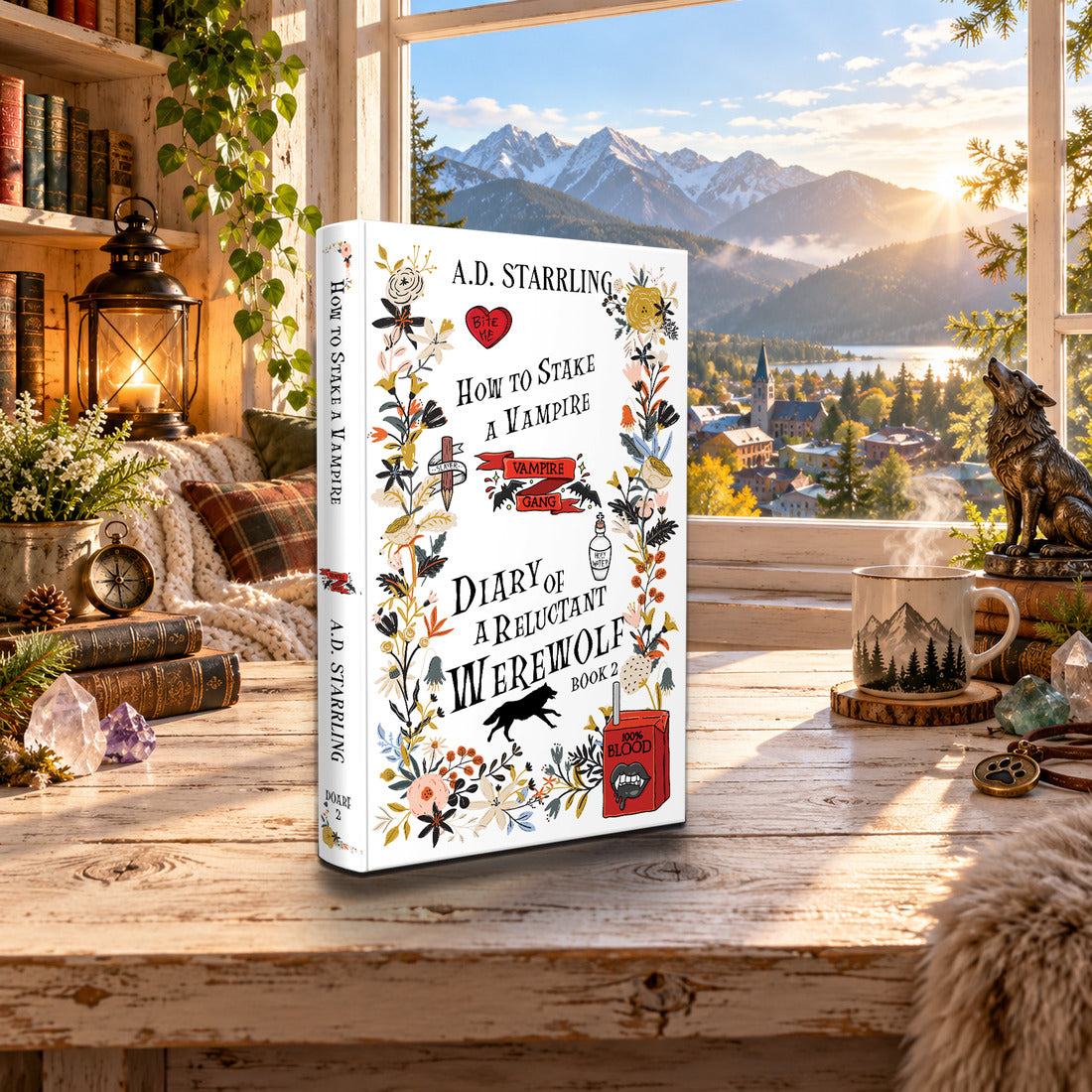 How to Stake a Vampire (Diary of a Reluctant Werewolf Book 2) Special Edition Hardback by A.D. Starrling on a rustic wooden table by a sunlit window overlooking the mountains