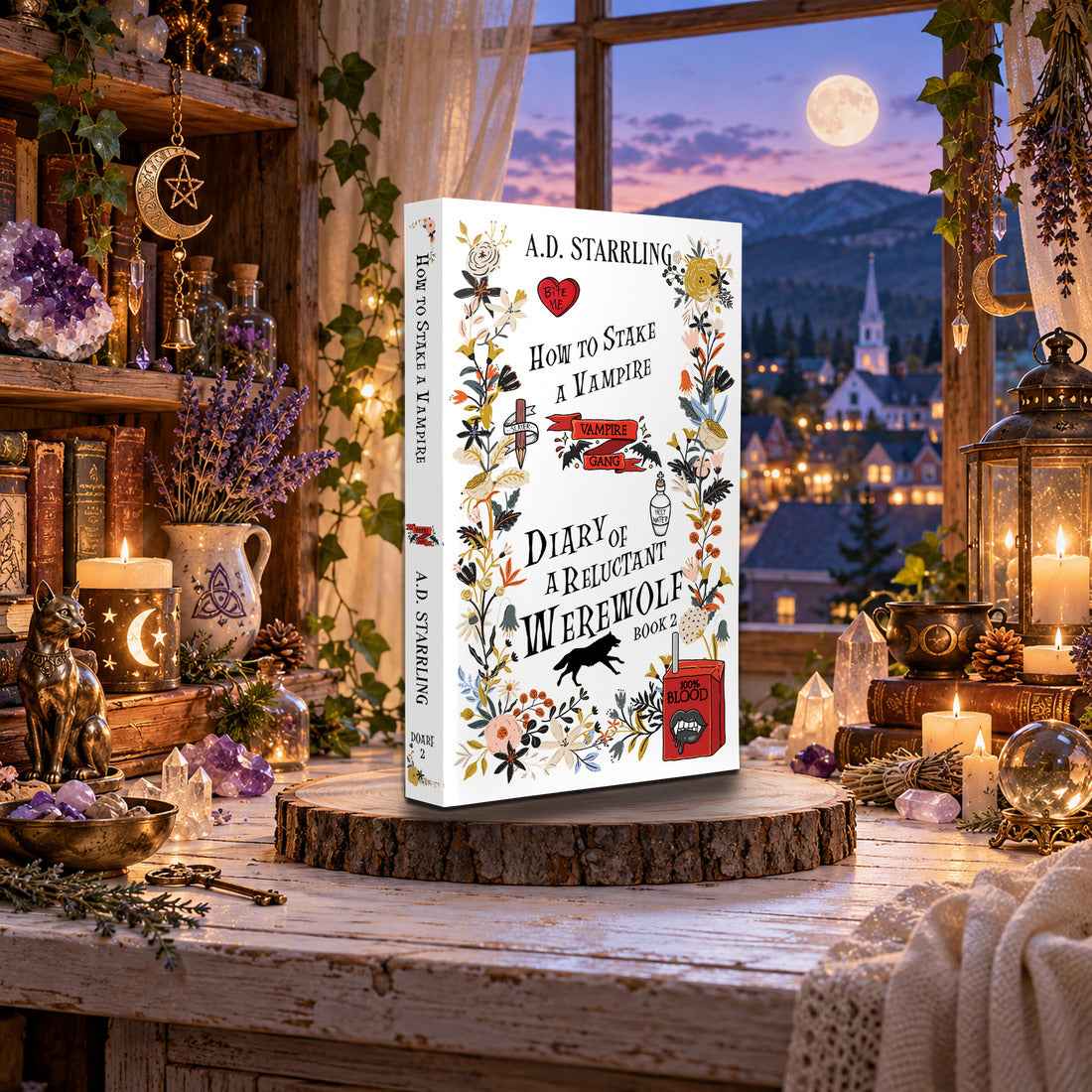 How to Stake a Vampire (Diary of a Reluctant Werewolf Book 2) Special Edition Paperback by A.D. Starrling on a log-slice stand by a moonlit window over a mountain town