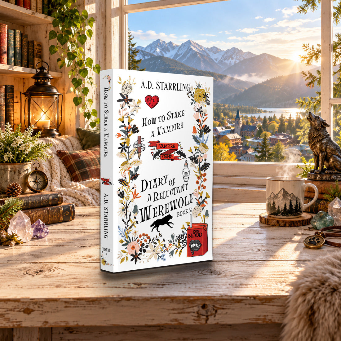How to Stake a Vampire (Diary of a Reluctant Werewolf Book 2) Special Edition Paperback by A.D. Starrling on a rustic wooden table by a sunlit window overlooking the mountains