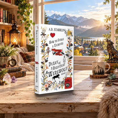 How to Stake a Vampire (Diary of a Reluctant Werewolf Book 2) Special Edition Paperback by A.D. Starrling on a rustic wooden table by a sunlit window overlooking the mountains