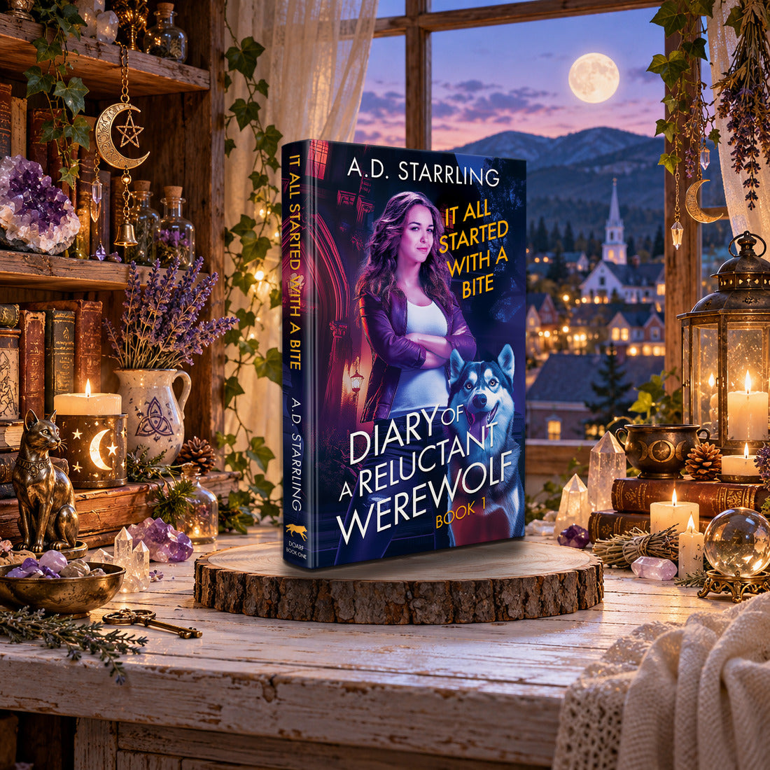 It All Started with a Bite (Diary of a Reluctant Werewolf Book 1) Hardback by A.D. Starrling on a log-slice stand by a moonlit window over a mountain town