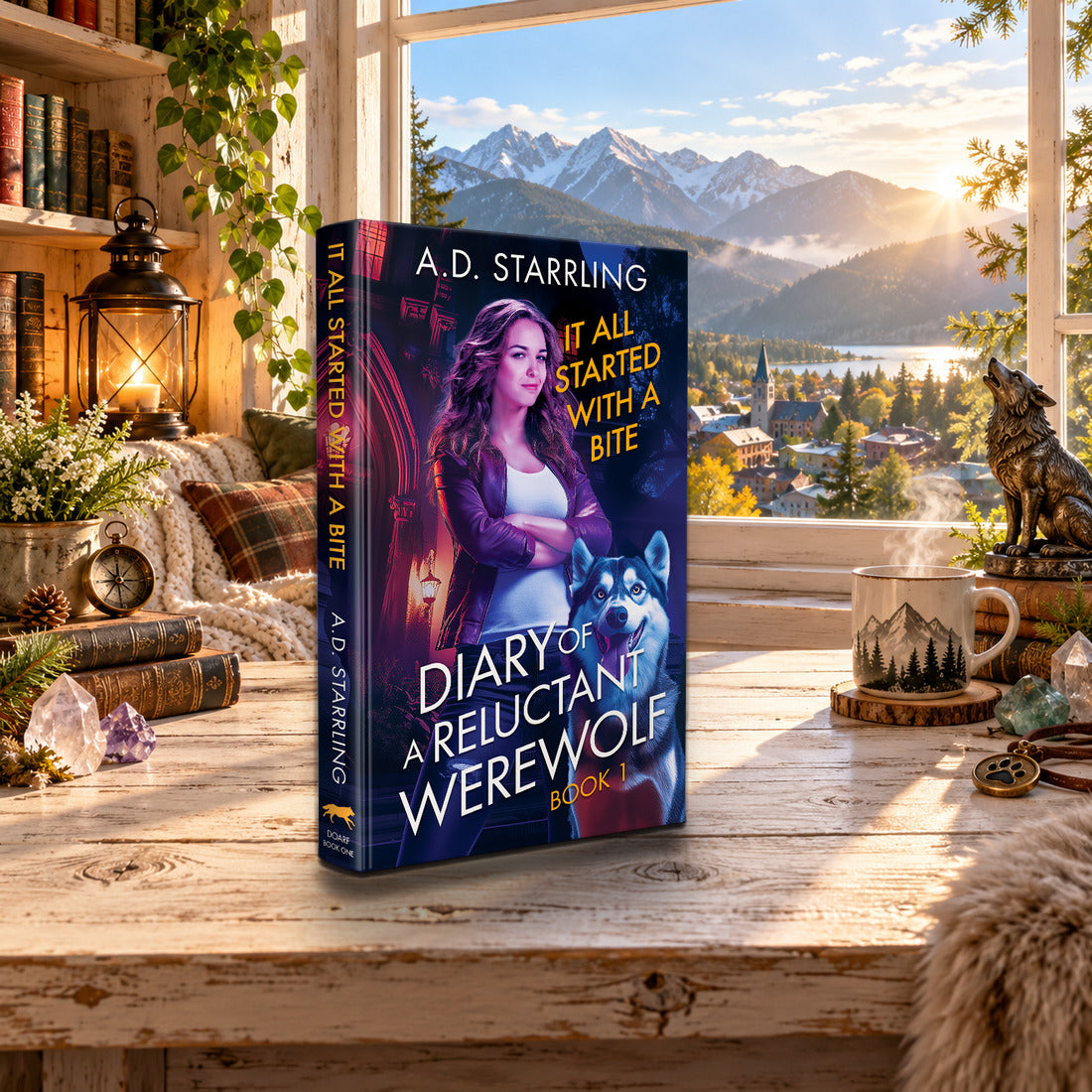 It All Started with a Bite (Diary of a Reluctant Werewolf Book 1) Hardback by A.D. Starrling on a rustic wooden table by a sunlit window overlooking the mountains