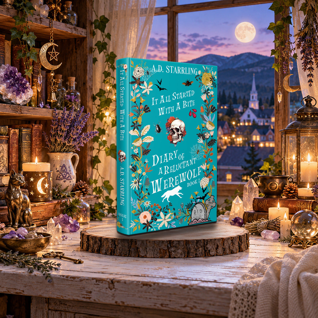 It All Started with a Bite (Diary of a Reluctant Werewolf Book 1) Special Edition Hardback by A.D. Starrling on a log-slice stand by a moonlit window over a mountain town