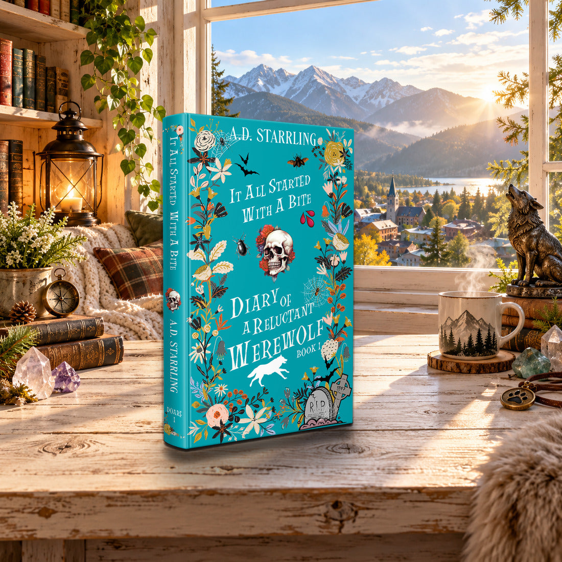 It All Started with a Bite (Diary of a Reluctant Werewolf Book 1) Special Edition Hardback by A.D. Starrling on a rustic wooden table by a sunlit window overlooking the mountains