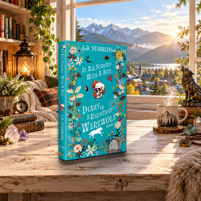 It All Started with a Bite (Diary of a Reluctant Werewolf Book 1) Special Edition Hardback by A.D. Starrling on a rustic wooden table by a sunlit window overlooking the mountains