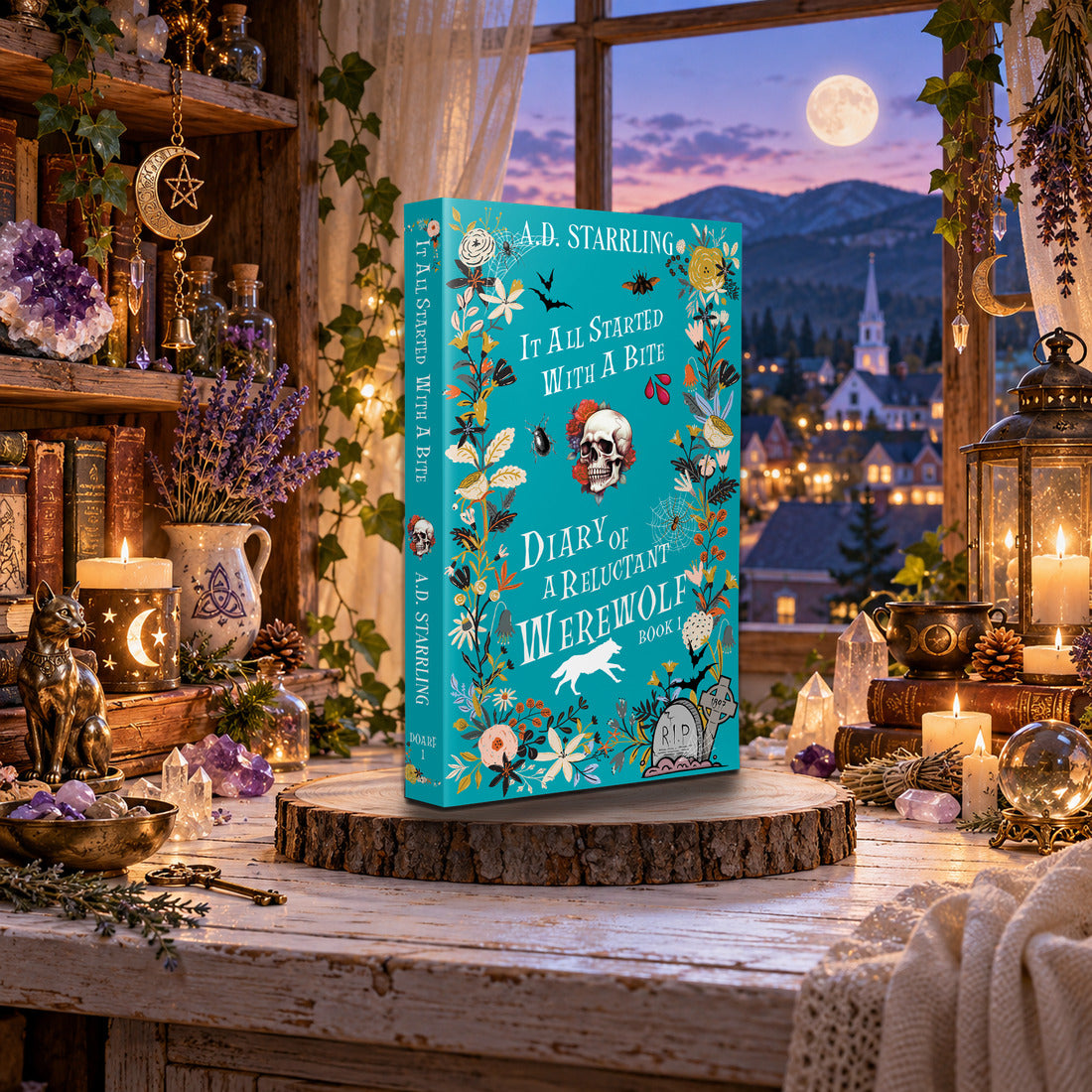 It All Started with a Bite (Diary of a Reluctant Werewolf Book 1) Special Edition Paperback by A.D. Starrling on a log-slice stand by a moonlit window over a mountain town