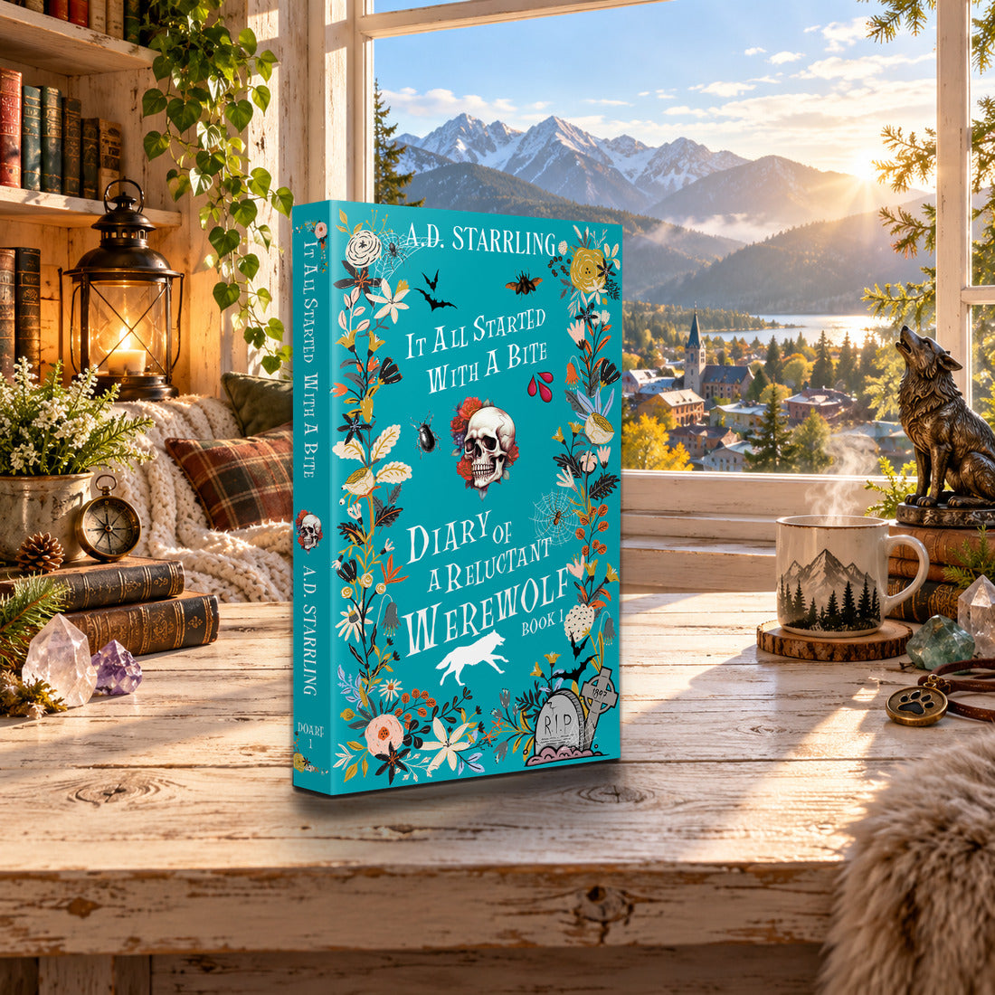 It All Started with a Bite (Diary of a Reluctant Werewolf Book 1) Special Edition Paperback by A.D. Starrling on a rustic wooden table by a sunlit window overlooking the mountains