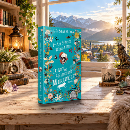 It All Started with a Bite (Diary of a Reluctant Werewolf Book 1) Special Edition Paperback by A.D. Starrling on a rustic wooden table by a sunlit window overlooking the mountains