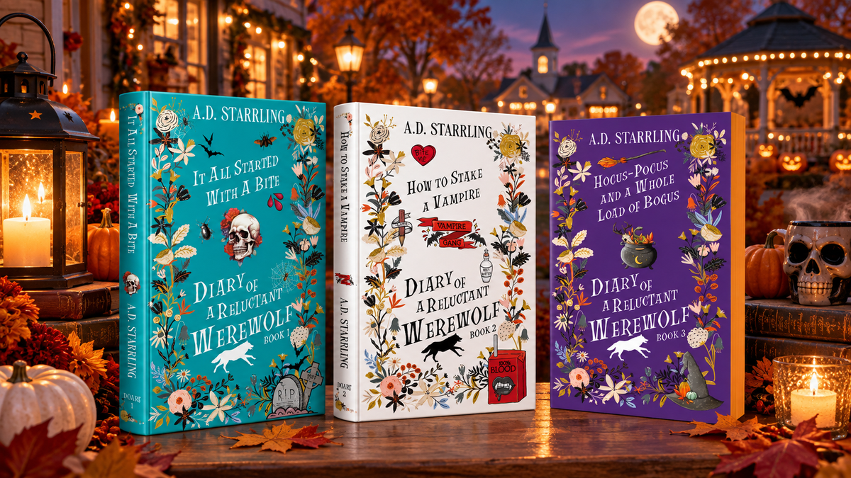 Diary of a Reluctant Werewolf special editions hero with three books in a cozy autumn small town at night