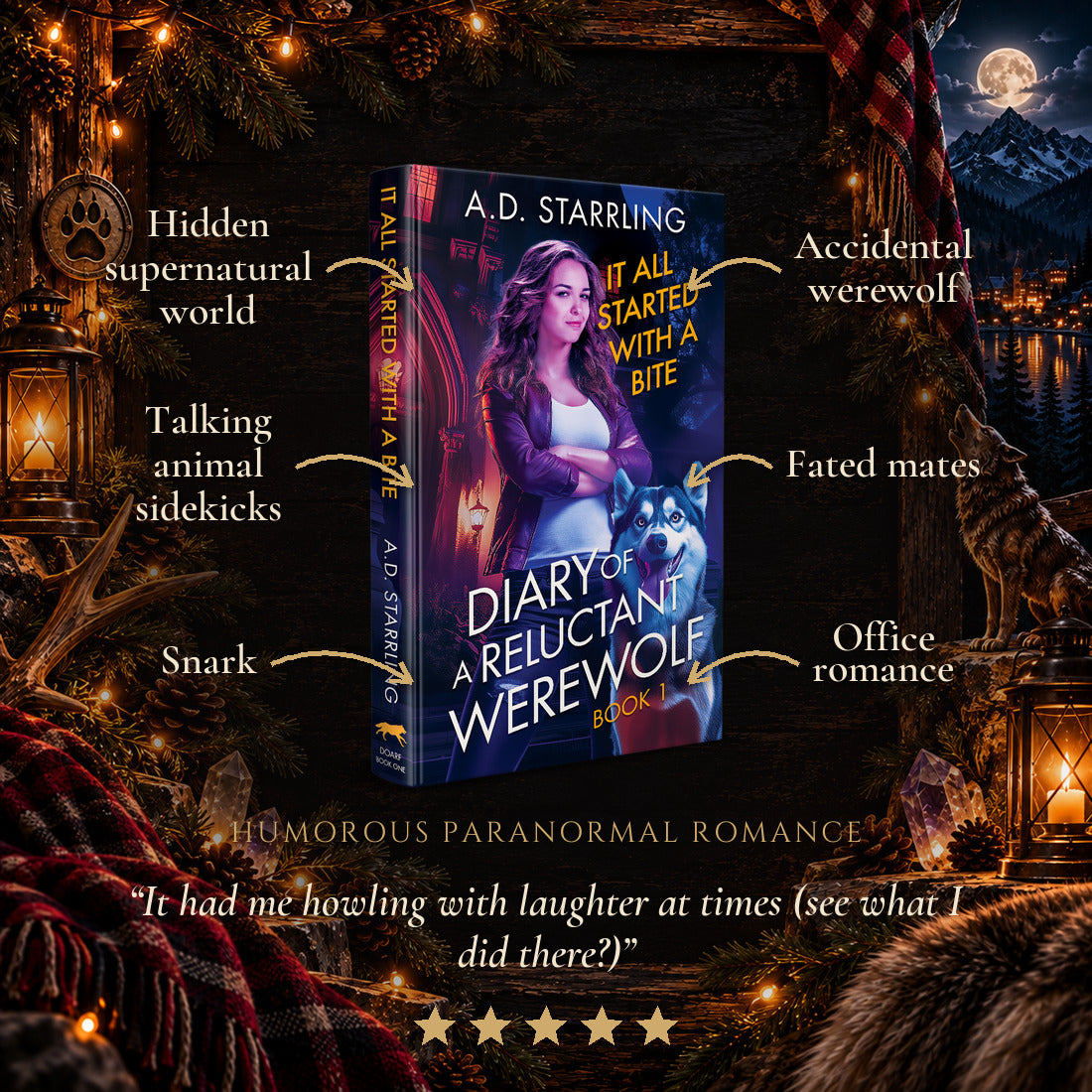 It All Started with a Bite Hardback tropes: Hidden supernatural world, Talking animal sidekicks, Snark, Accidental werewolf, Fated mates, Office romance. Five-star reader review.