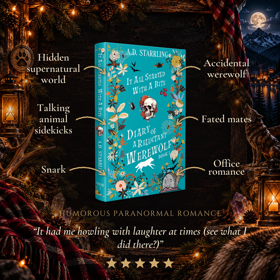 It All Started with a Bite Special Edition Hardback tropes: Hidden supernatural world, Talking animal sidekicks, Snark, Accidental werewolf, Fated mates, Office romance. Five-star reader review.