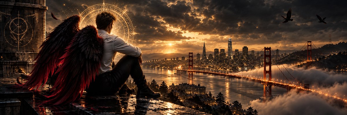 Fallen Messengers cinematic San Francisco banner with a dark-blond winged man overlooking the Golden Gate Bridge