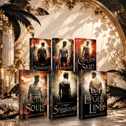 Fallen Messengers Books 1-6 Hardback bundle by Ava Marie Salinger, displayed on a marble plinth in a sunlit Gothic hall